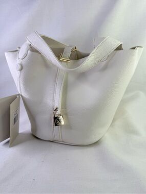 Women’s White Leather Tote Bag with Gold Accents